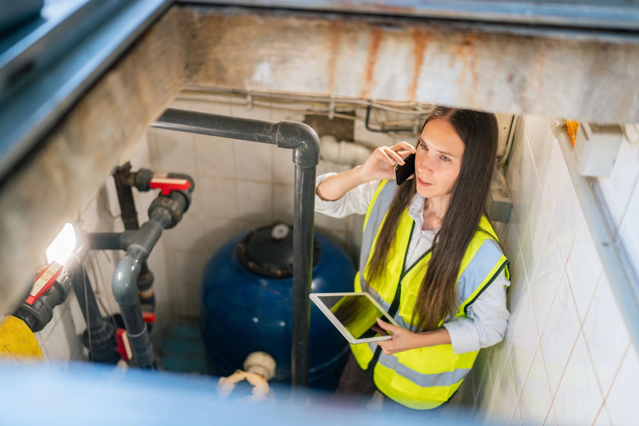 Technician inspecting pipes and pumping equipment